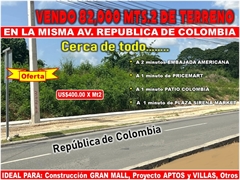 VEND0 82,000 MTS.2 DE TERRENO EN LA MISMA REPUBLICA DE COLOMBIA, A PASOS DE TODO , US$ 400.00
